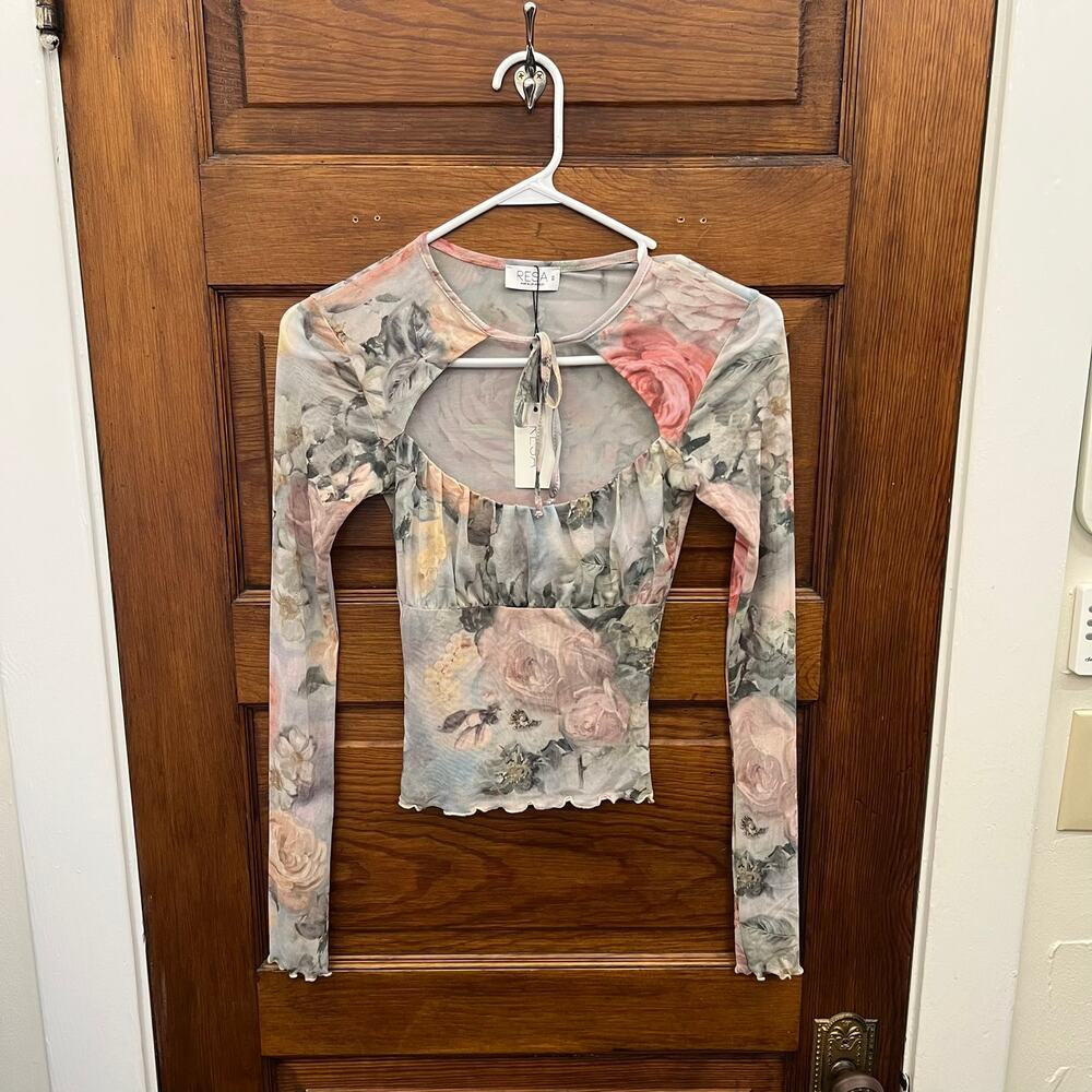 RESA floral print long-sleeve mesh top front neck tie NWT's sz XS Women's